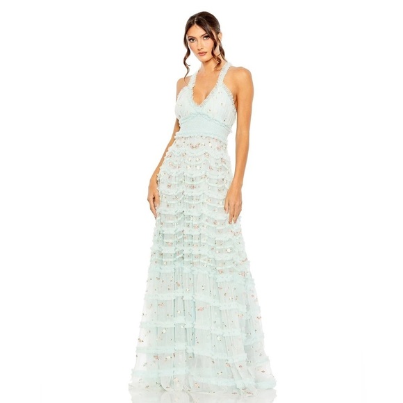 Mac Duggal 8037 NWT V-neckline Cross Back Ruffle Detail A-line Dress - Picture 2 of 7